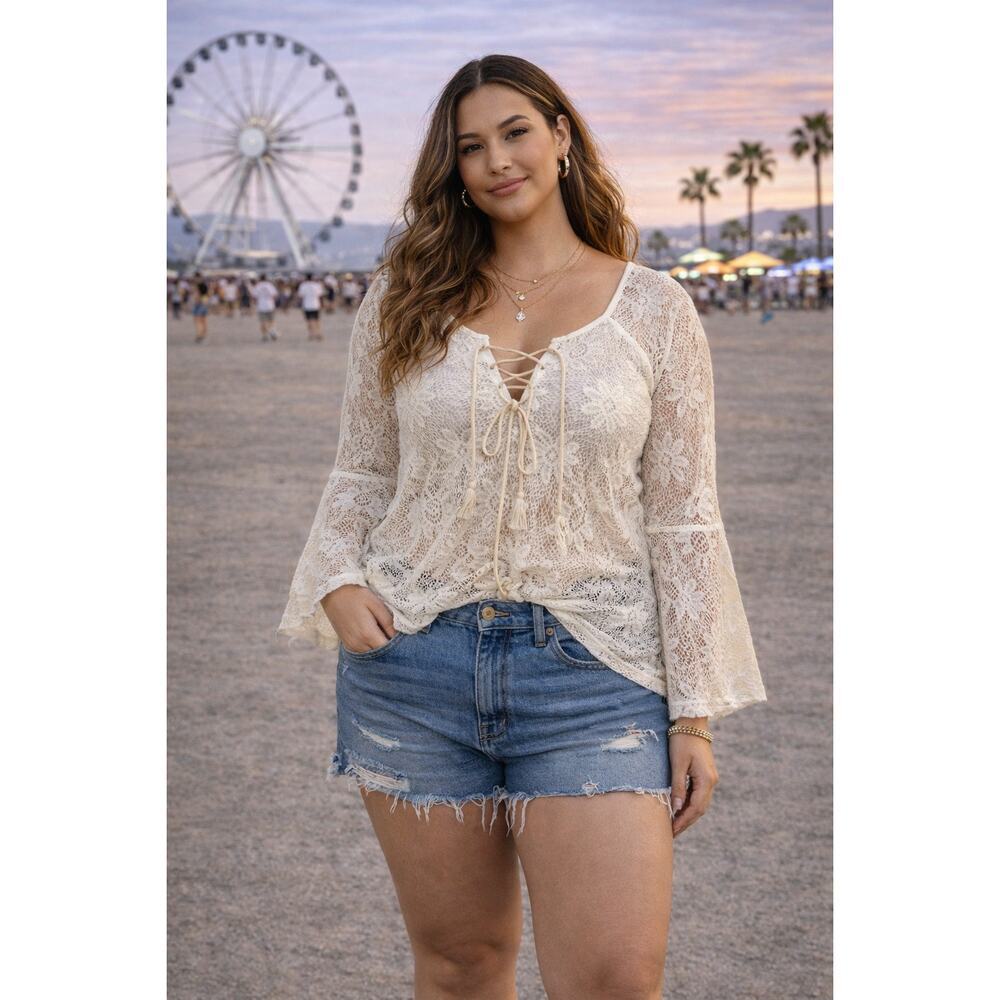 Ivory Crochet Lace Boho Top Lace-Up Front Sheer Festival XL